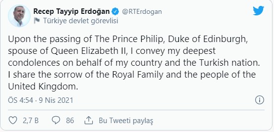 Erdoğan'dan Prens Philip için taziye mesajı!